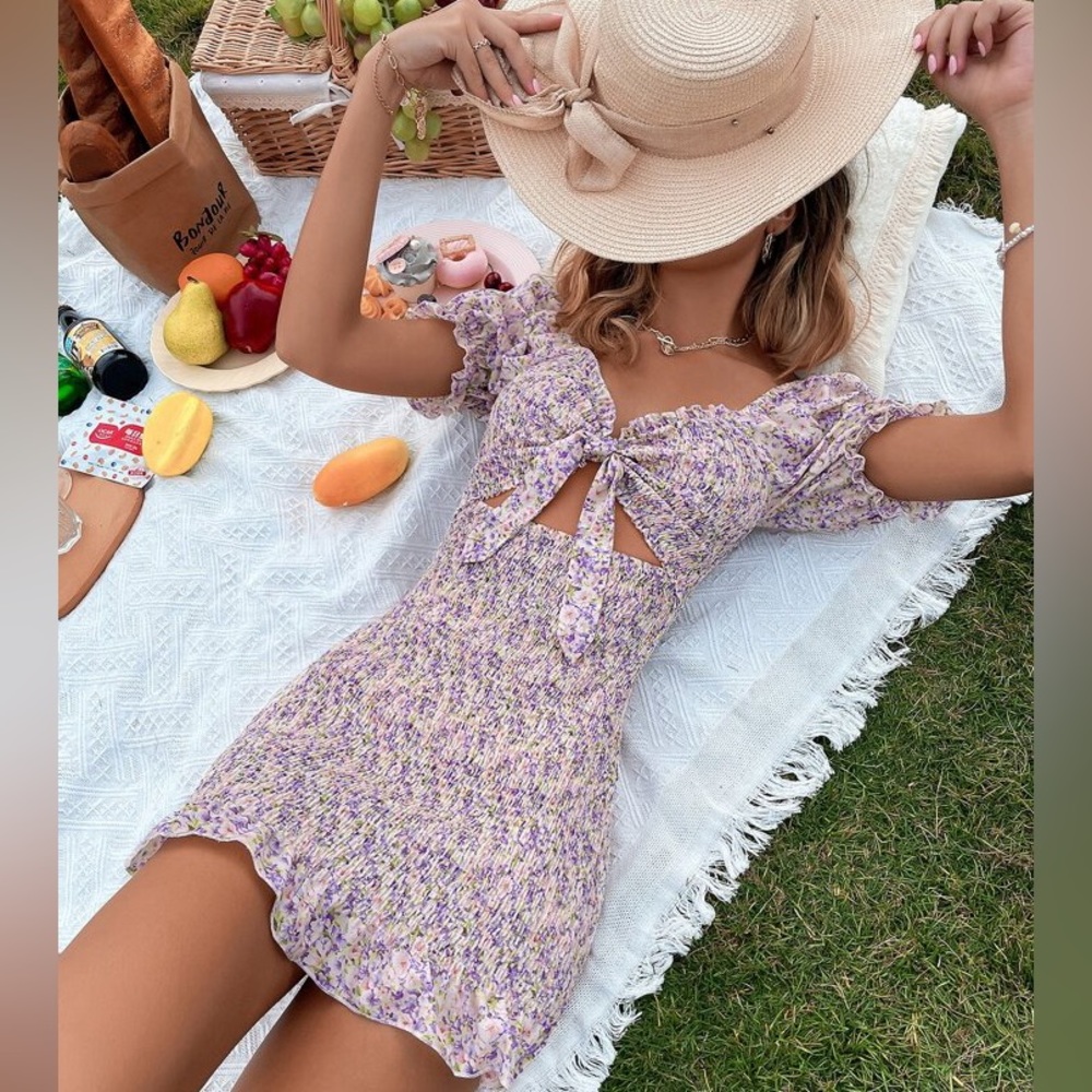 Ditsy Floral Tie Front Cutout Ruffle Hem Dress